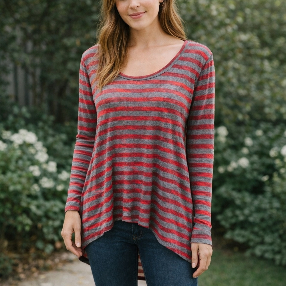 Sundance Tunic Stripe Tie Dye Bleach High Low Tunic Scoop Neckline Red Burn Out